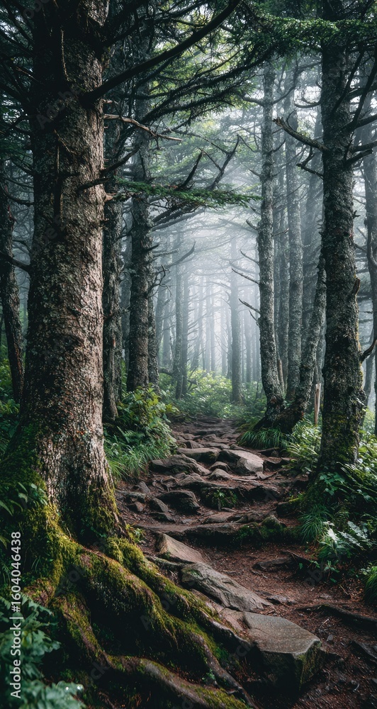 Naklejka premium Misty mountain path through ancient trees