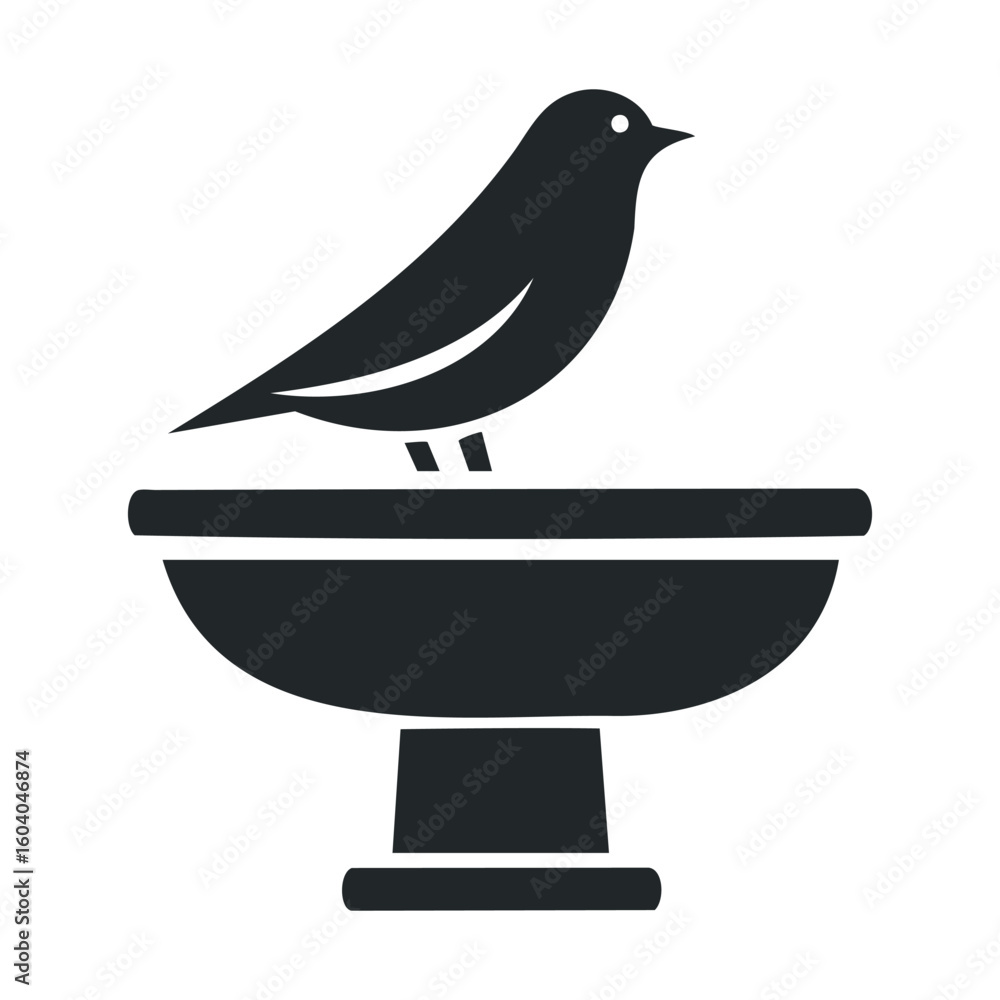 Fototapeta premium Silhouette of bird on birdbath: minimalist black and white design