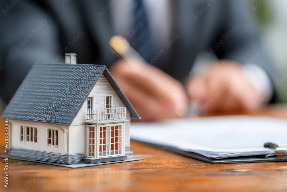 Fototapeta premium A small house model is on a desk, a man signing document. Illustrates real estate, buying or selling a new home.