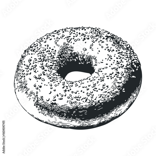 Detailed black and white line art of a bagel with poppy seeds