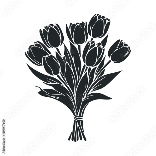 Monochrome bouquet of tulip flowers in silhouette style