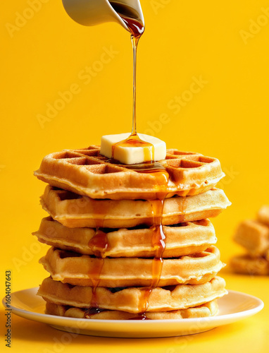 Stack of waffles with butter and syrup on yellow background, sweet breakfast food