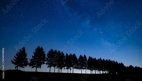 Silhouetted trees against a starry night sky