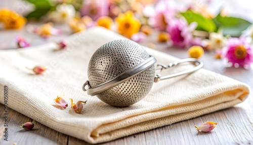 Silver tea infuser on cream cloth, flowers