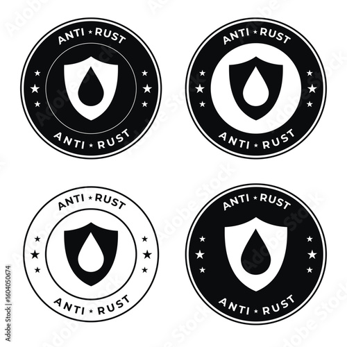Anti Rust Badge Icon Set with Shield and Drop Symbol – Protective Coating Vector Label