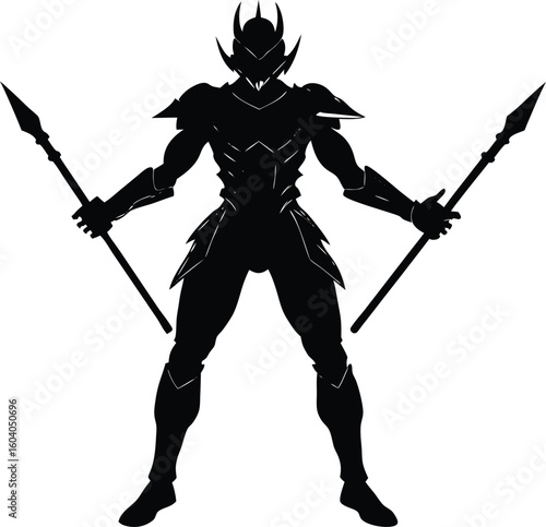 Silhouette of a warrior with two spears standing ready new 2025 trendy