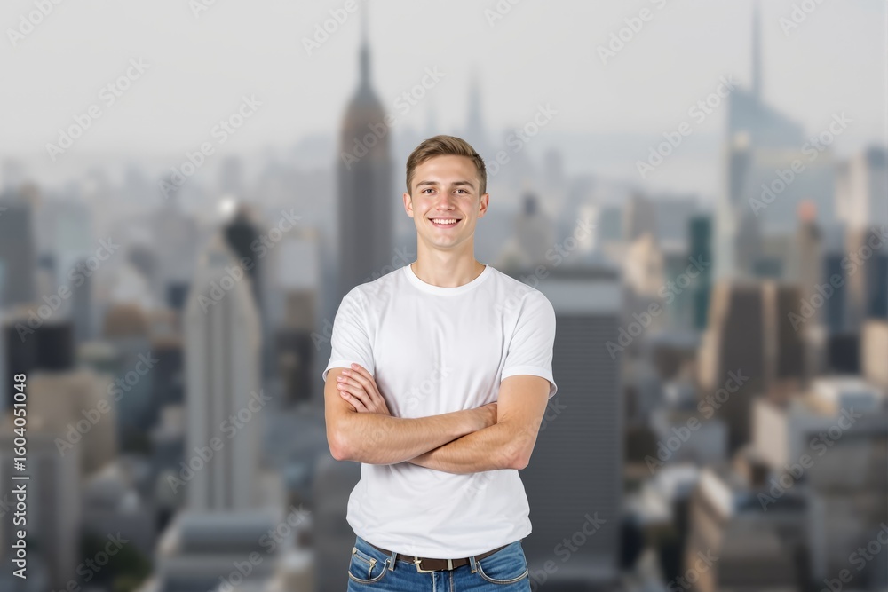 Fototapeta premium Confident young man with arms crossed against a cityscape backdrop.