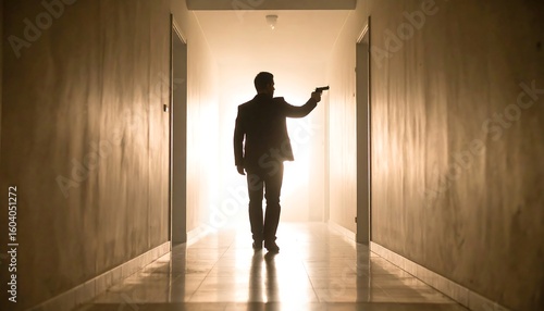 Man in Suit Walking with Gun in Corridor Silhouette