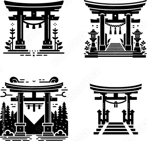 set of four flat black and white vector of a traditional shinto torii gate as entrance to shrine, simple and sacred design