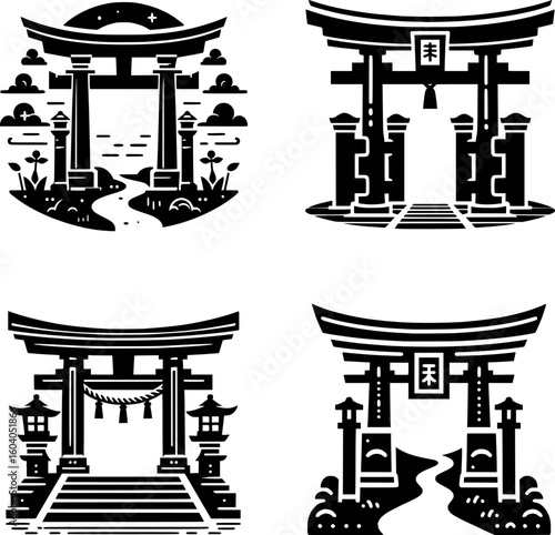 set of four flat black and white vector of a traditional shinto torii gate as entrance to shrine, simple and sacred design