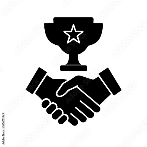 Handshake and trophy icon in filled black style – symbol of partnership success