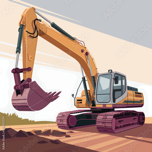 A Vector Illustration of a Yellow and Purple Excavator on a Construction Site Digging Brown Earth with its Bucket