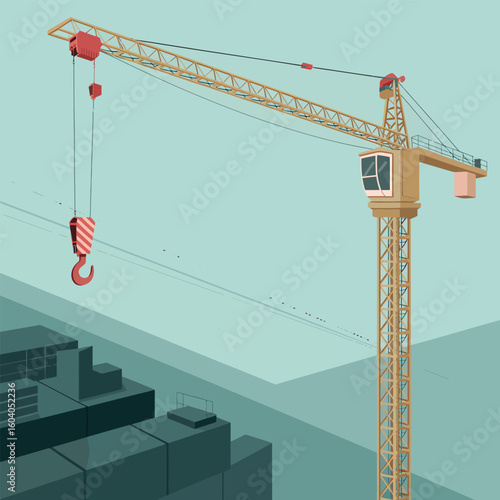 A Vector Style Illustration of a Beige Tower Crane Against a Teal Sky Over a Dark Teal Building Under Construction