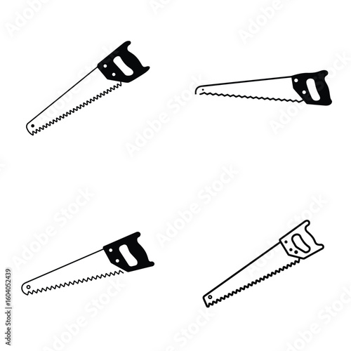 Four Black and White Hand Saw Icons on White Background Simple Tool Illustrations Pack 20