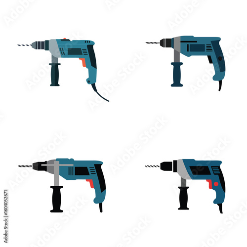 Four Blue and Black Cordless Electric Drills with Silver Drill Bits Illustrated on White Background Pack of Thirty Tools