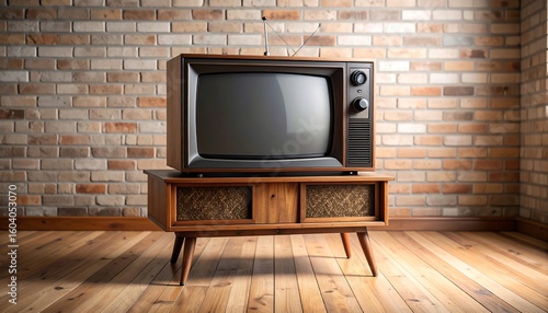 Retro TV on wooden stand in brick room