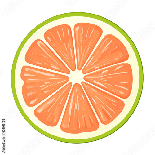 Glossy illustrated slice of a pink grapefruit with a bright green rind and segmented pulp.
