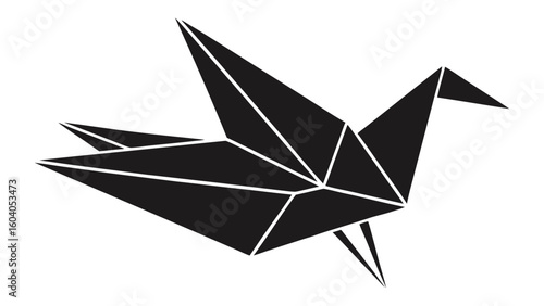 Black and white origami crane paper bird isolated vector illustration