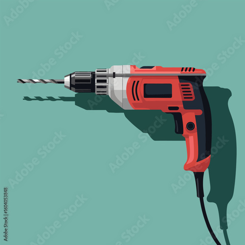 Red and Black Electric Cordless Drill Vector Illustration Teal Background Power Tool Home Improvement Construction Repair D I Y Project