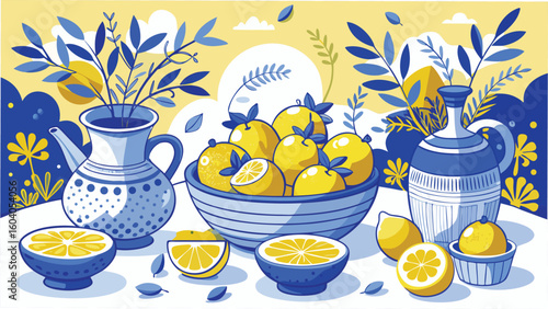 Vibrant lemons and blue porcelain arrangement illustrated on a white background with lush foliage and decorative elements