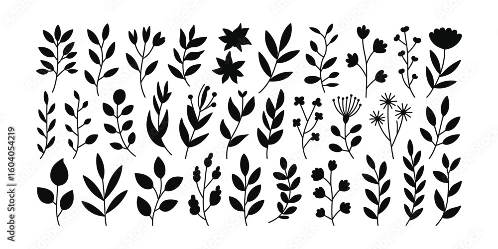 Obraz premium Minimalist Silhouette Collection of Diverse Botanical Elements, Featuring Leaves, Flowers