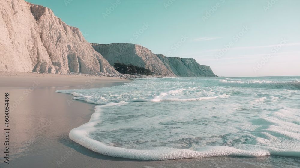 Naklejka premium Coastal Serenity: Turquoise Waves Washing Ashore at Pale Cliffs Landscape