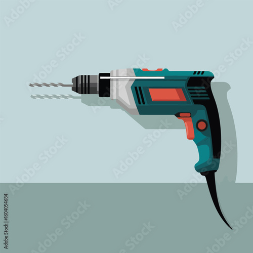 Teal and Orange Electric Cordless Drill Vector Illustration with Silver Drill Bit Against Light Blue Background