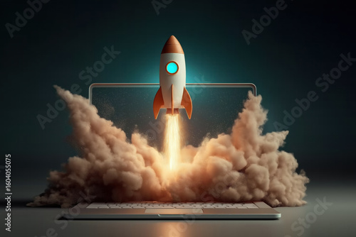 Rocket Launching from Laptop Screen, Startup and Innovation Technology Concept, Creative Digital Art