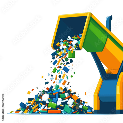 Industrial machine dumping colorful shredded plastic for recycling process.