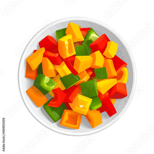 Top-down view of a white bowl with a vibrant mix of diced red, green, and yellow bell peppers.