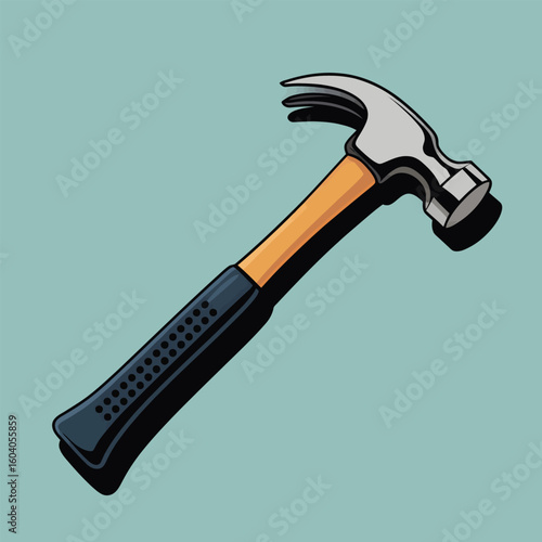 Vector Illustration of a Claw Hammer with Orange Wooden Handle and Black Rubber Grip Against a Light Teal Background