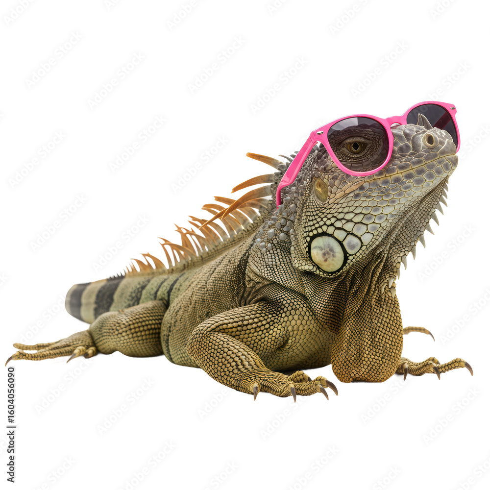 Fototapeta premium A cool iguana wearing pink sunglasses enjoys the sunny day.