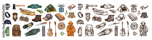 Hand drawn vintage sketch of camping and hiking gear set in color and monochrome, isolated vector illustration