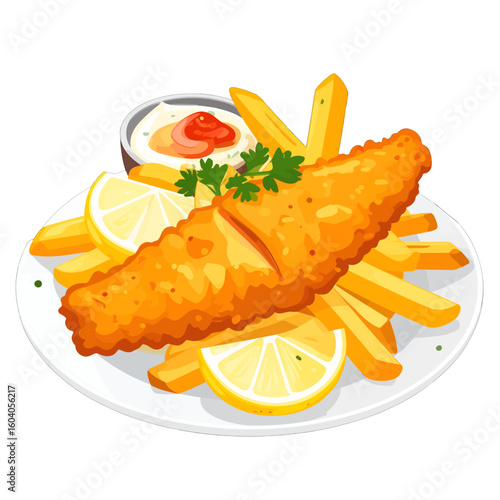 Crispy golden fish and chips platter with lemon wedges and tartar sauce, a classic British meal illustration.