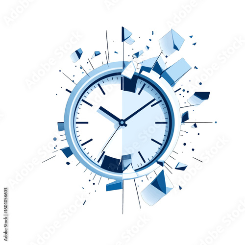 Stylized blue analog clock shattering, with fragments and shards exploding outwards in a dynamic, abstract composition.