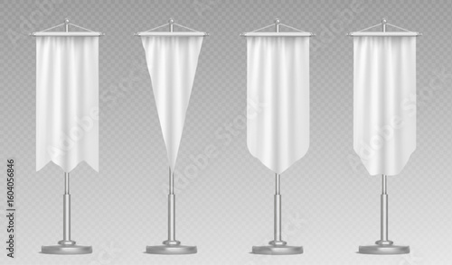 Medieval pennant banner set on stands - white blank fabric flags with different shapes and edges hanging from metal poles for castle decoration, tournament display or historical event mockup designs.