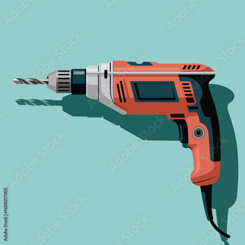 Vector Illustration of an Orange and Black Electric Drill with a Metal Drill Bit Against a Teal Background