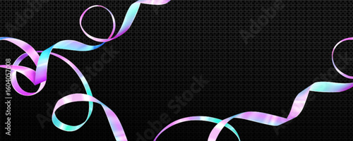Holographic tape ribbons frame on transparent background - iridescent gradient strips with pink, blue and purple metallic shine. Decorative hologram curls border for party celebration, gift wrapping.