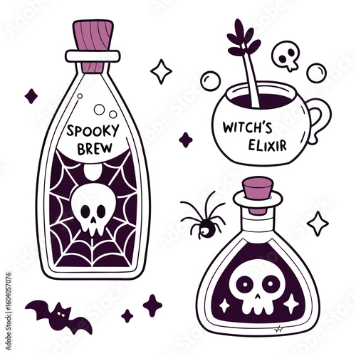 Illustration of halloween themed items including potions, a mug, a bat, a spider, and skull icons