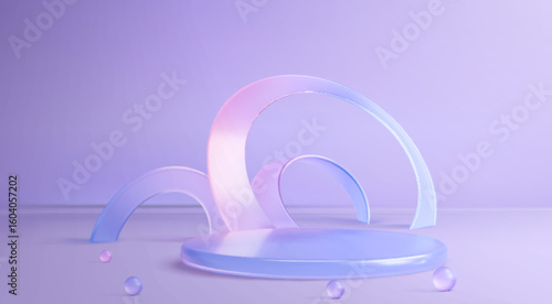 Glass podium 3d scene with curved transparent arches on circular platform, purple gradient background, scattered crystal spheres. Modern abstract display stage for luxury product presentation.