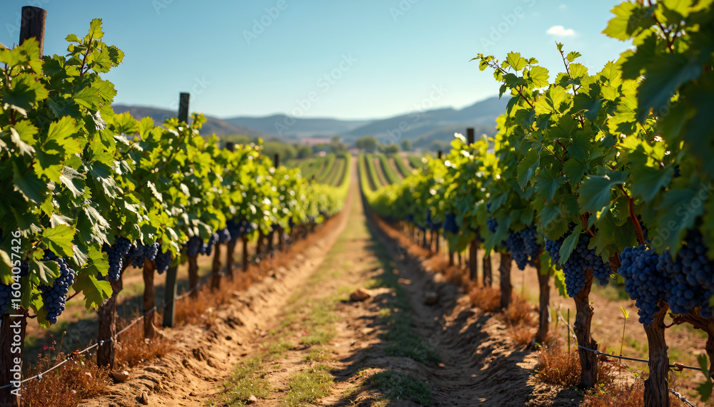 Obraz premium Grapevine Rows with Ripe Grapes and Dirt Path in Vineyard