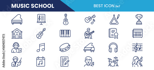Music School Line Icons Pack – Musical Instruments, Lessons, Notes, Teachers & Education Outline Illustrations