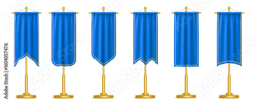 Medieval pennant set of blue fabric banners on golden poles with different bottom shapes. Royal heraldry flags for castle decoration, knight tournament display elements. Hanging textile streamers.