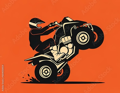 a black crazy quad rider doing a wheelie. flat, vector,  minimalist, extreme sport, quad, quad bike, atv,  illustration,  stunt rider, off-road, motorsport, adrenaline, vector artwork, vehicle stunt