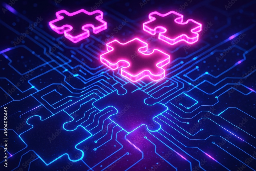 Obraz premium Puzzle Pieces Integrate: A digital network of puzzle pieces interconnected with neon lights, symbolizing unity, technology and collaboration in a high-tech environment.