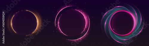Neon halo rings glowing on dark backdrop - circular light effects with golden and pink radiance, sparkling particles and luminous trails. Futuristic energy frames for cyberpunk designs, tech interface