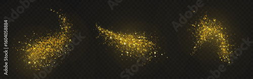 Gold dust explosions with shimmer particles - glowing yellow splatter bursts, metallic powder clouds and sparkling fragments. Luxury magic effects for celebration designs and festive decorations.