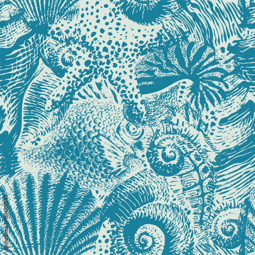 Seamless pattern with sea animals, fish, seahorse and shells. Vector illustration in vintage style. Wallpaper, textile, fabric, ceramic tile, postcard, souvenir. Print, T-shirt design. No AI used