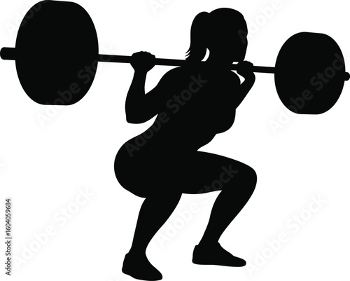 Silhouette of a woman doing a barbell squat exercise for strength and fitness training