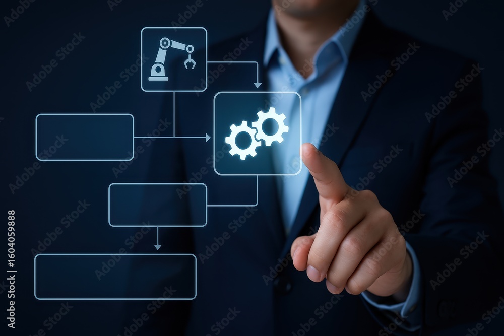 Businessman Interacting with Futuristic Automation Interface Featuring Robotic Arm, Gears, and Flowchart Elements Representing Modern Industry Concepts Businessman Interacting with Futuristic Automation Interface Featuring Robotic Arm, Gears, and Flowchart Elements Representing Modern Industry Concepts